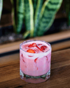 Strawberry Horchata drink with fresh strawberries