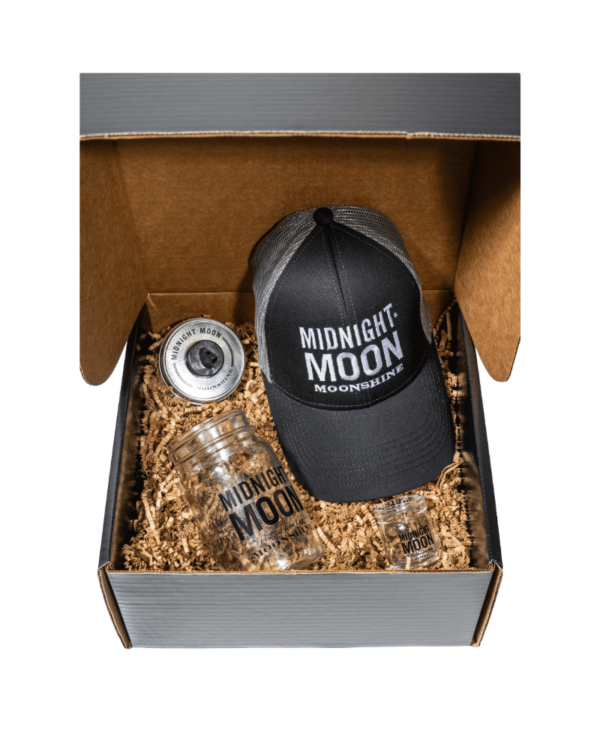 Midnight Moon gift box with moonshine barware, hat, mason jar and more.