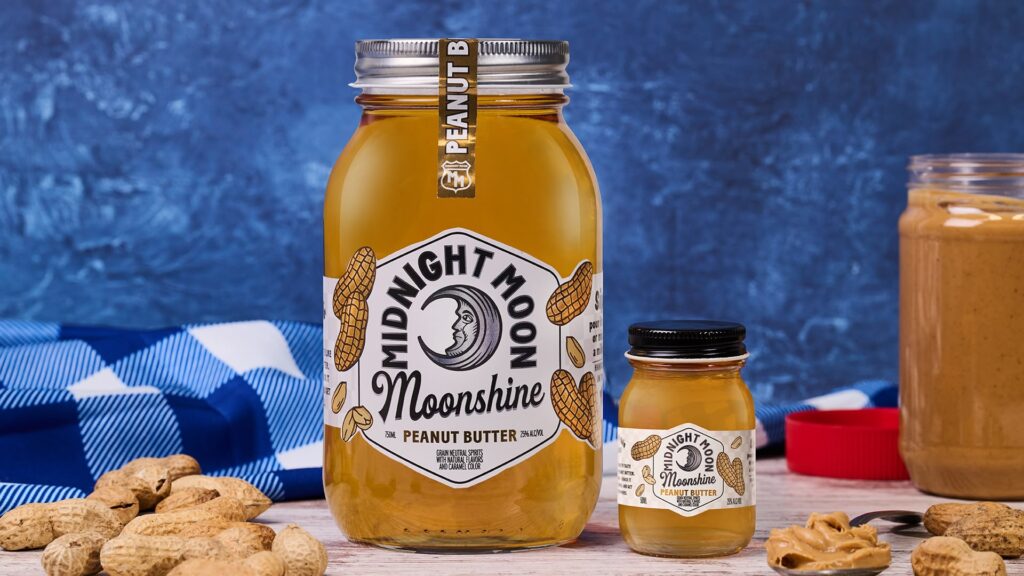 Midnight Moon Peanut Butter is available in 750ml and 50ml mason jars. Each jar of Midnight Moon Peanut Butter has alcohol content volume of 50 proof / 25% abv 