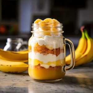 Layered banana pudding in a mason jar with fresh bananas 