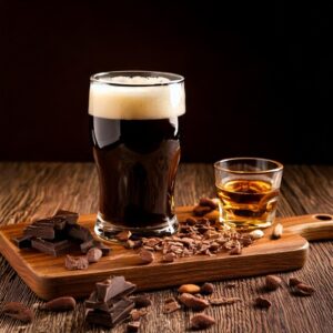 A pint of chocolate stout sitting next to a shot of peanut butter moonshine sitting on a cutting board covered with chocolate shavings and peanuts. 