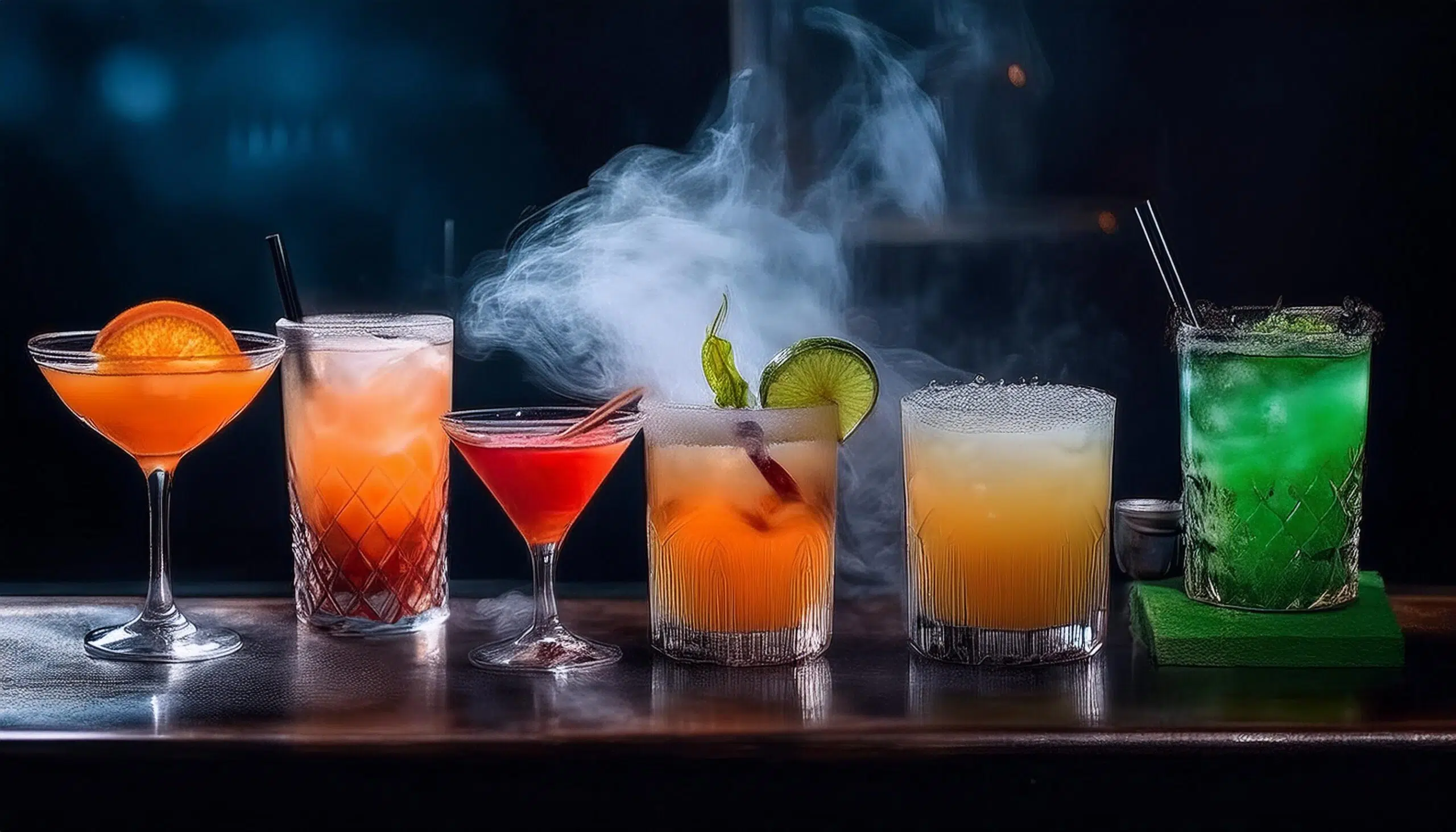 Firefly Halloween Cocktails Lined Up On Table, With Smoke And Dark Background; Long Exposure