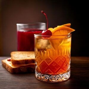 An old fashioned cocktail next to a peanut butter and jelly sandwich