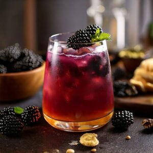 A blackberry bramble cocktail with fresh blackberries as garnish. 