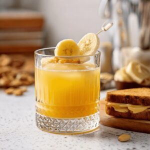 A yellow cocktail with a banana garnish sitting next to a peanut butter sandwich