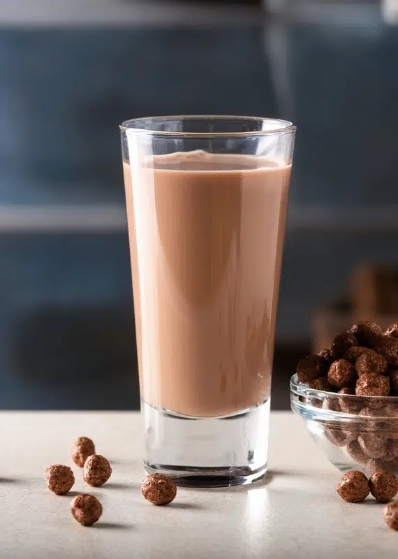 Chocolate shot next to Cocoa Puffs cereal