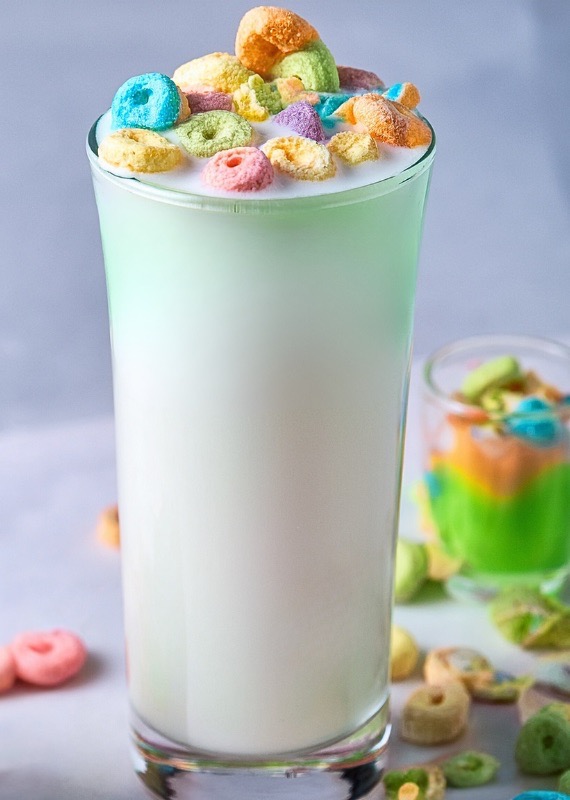 Cereal milk shot with Lucky Charms cereal garnish