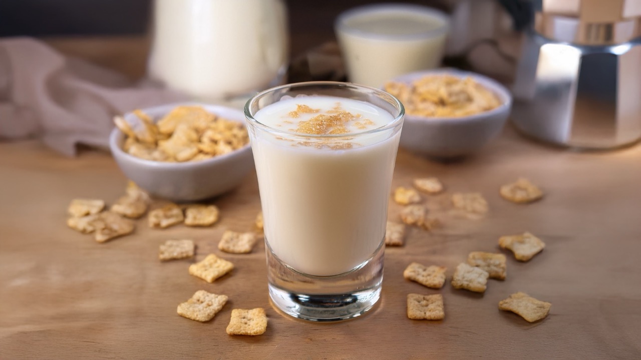 Cereal milk shot next to Cinnamon Toast Crunch cereal