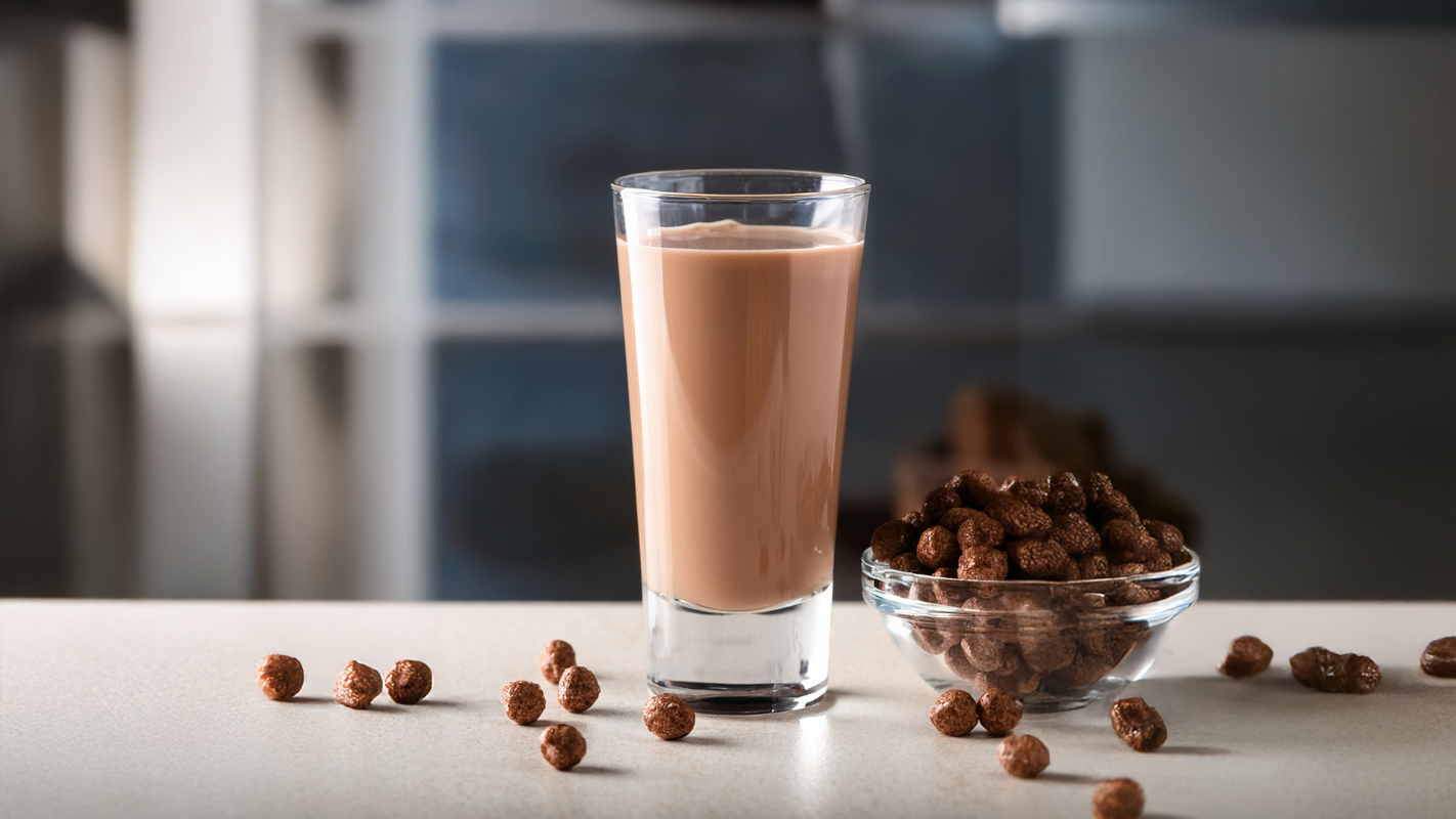 Chocolate shot next to Cocoa Puffs cereal